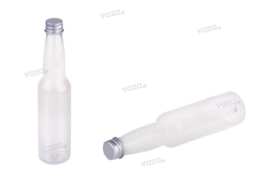 150 ml clear plastic bottle with silver aluminum lid and inner liner