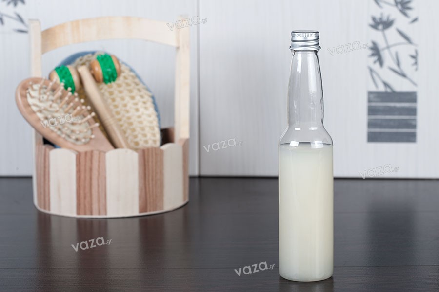 Μπουκαλάκι διάφανο πλαστικό 150 ml με ασημί αλουμινένιο καπάκι και εσωτερικό liner