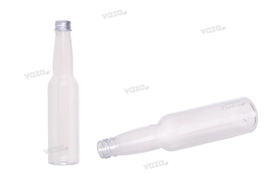 Μπουκαλάκι διάφανο πλαστικό 150 ml με ασημί αλουμινένιο καπάκι και εσωτερικό liner