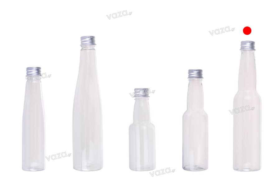 Bouteille plastique transparente 150 ml, bouchon en aluminium avec joint  (liner)