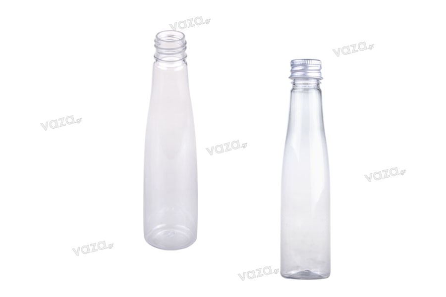 Sticluță de plastic, transparentă 85 ml, cu capac de aluminiu argintiu și interior liner