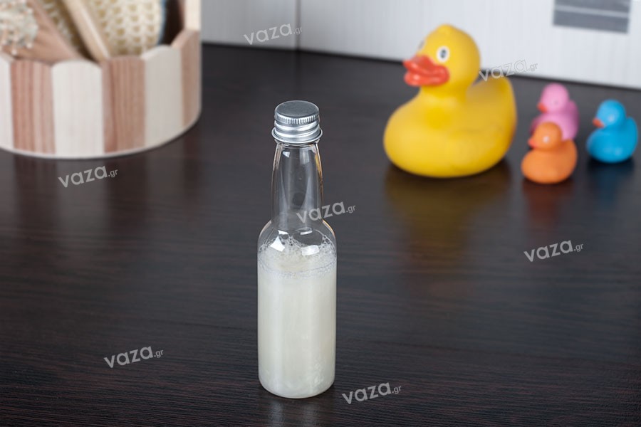 Plastic 100 ml clear bottle with silver aluminum lid and inner liner