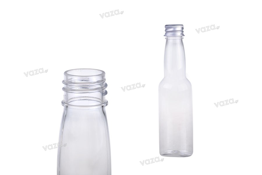 Μπουκαλάκι πλαστικό διάφανο 100 ml με ασημί αλουμινένιο καπάκι και εσωτερικό liner