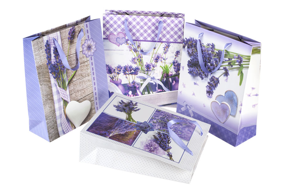 Geschenktasche laminiert 260x100x320 -4 Mustern Lavendel