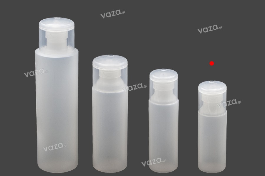 Bottiglia di plastica semitrasparente da 100 ml con tappo flip top per shampoo e lozione.