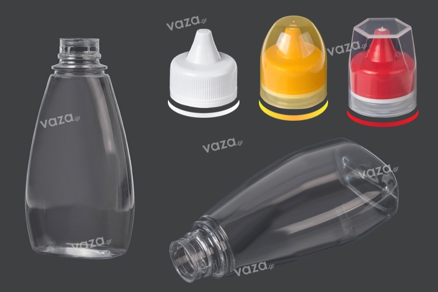 Transparent 350ml squeezable plastic bottle for ketchup, mustard, honey