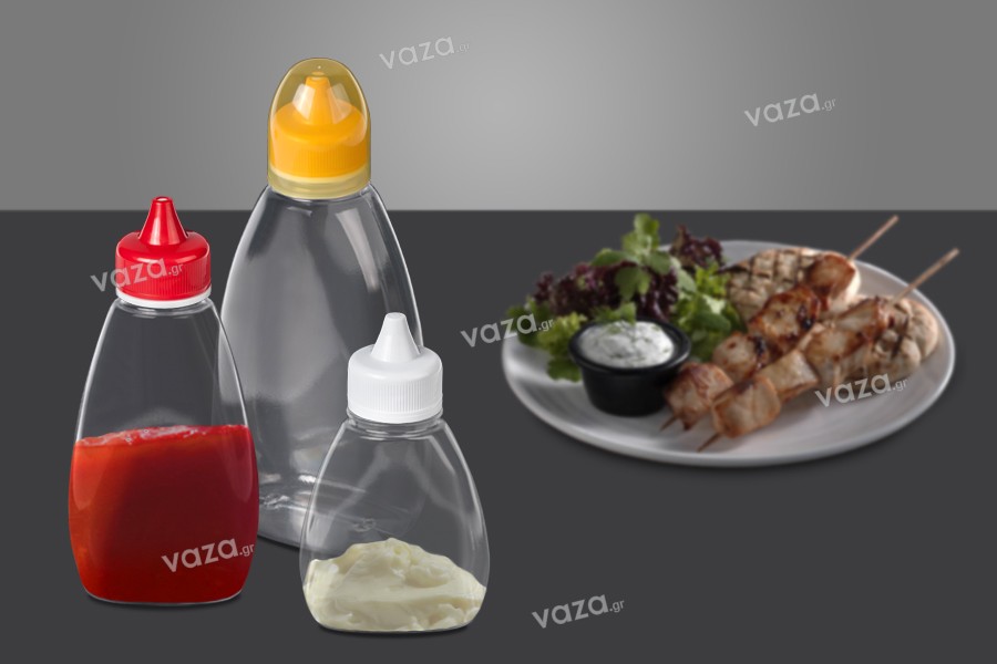 Sticlă de plastic, transparentă, 370 ml, pentru ketchup, muștar, miere