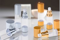 Sticlă airless pentru cremă 30 ml de plastic, cu corpul transparent, capac și bază din aluminiu în 2 culori