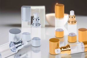 Flacon airless pour crème de 30ml avec corps en plastique transparent, bouchon et base en aluminium en 2 couleurs