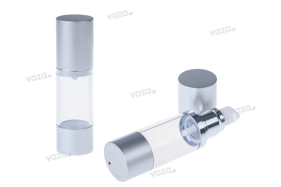 Sticlă airless pentru cremă 30 ml de plastic, cu corpul transparent, capac și bază din aluminiu în 2 culori