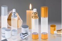 Airless bottle for cream - 50 ml - with plastic, transparent body, aluminum cap and base in 2 colors