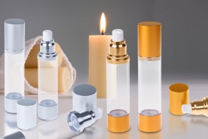 Flacon airless pour crème de 50 ml avec corps en plastique transparent, bouchon et base en aluminium en 2 couleurs