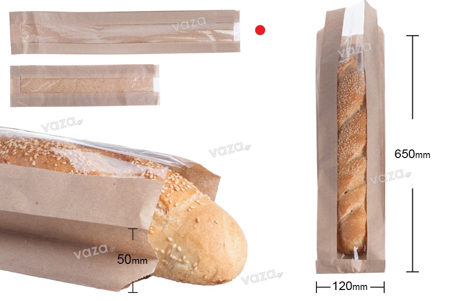 Σακούλα κραφτ καφέ διάστασης 120x50x650 με παράθυρο 70mm για ψωμί μπακέτα - 100 τμχ
