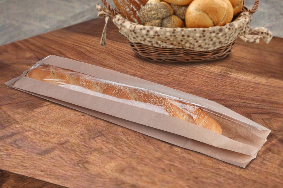 Flachbeutel aus Kraftpapier 120x50x650 mit Fenster 70 mm  für Stangenbrot-