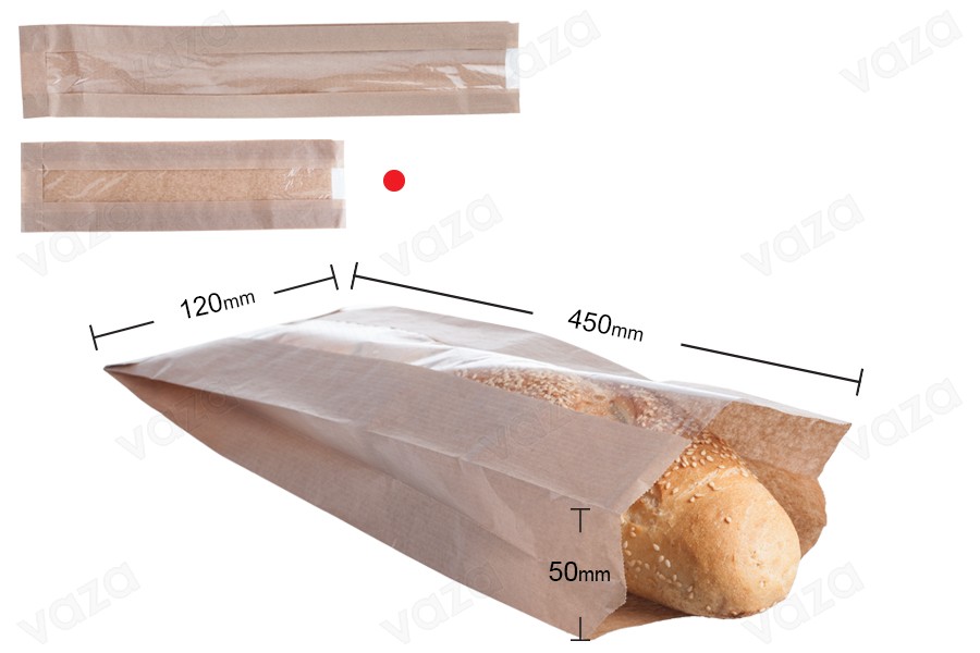 Flachbeutel aus Kraftpapier 120x50x450 mit Sichtfenster 40 mm für Stangenbrot Flachbeutel aus Kraftpapier 120x50x450 mit Sichtfenster 40 mm für Stangenbrot-εικόνα_διαστάσεις