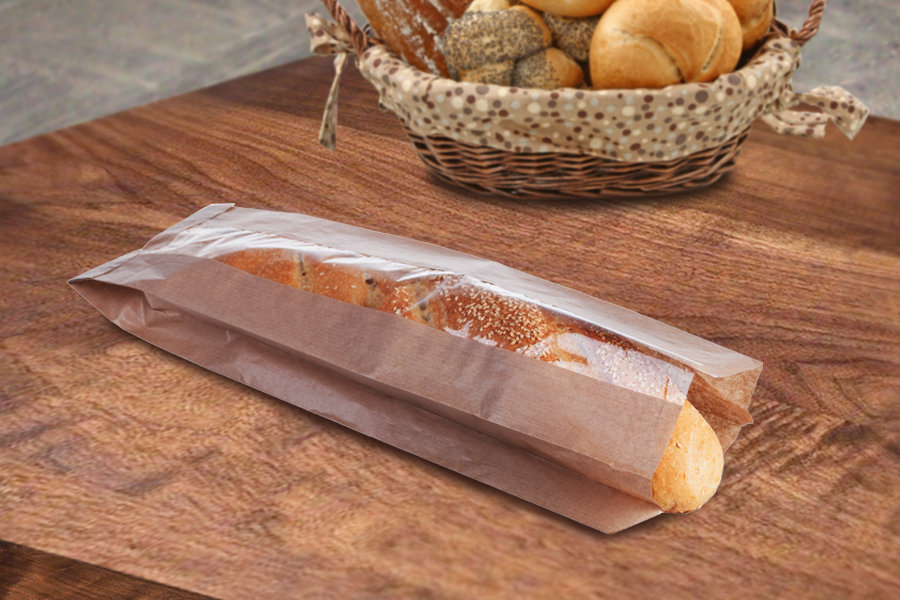Sac en paprier kraft marron 120 x 50 x 450 avec fenêtre de 70 mm pour baguette de pain - 100 pcs