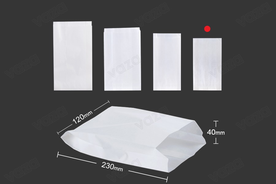 Sac en papier blanc 120 x 40 x 230 sans fenêtre - convient pour les aliments gras - 100 pcs Sac en papier blanc 120 x 40 x 230 sans fenêtre - convient pour les aliments gras - 100 pcs-εικόνα_διαστάσεις