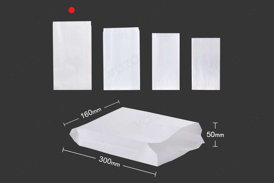 Sac en papier blanc 160 x 50 x 300 sans fenêtre - convient pour les aliments gras - 100 pcs Sac en papier blanc 160 x 50 x 300 sans fenêtre - convient pour les aliments gras - 100 pcs-εικόνα_διαστάσεις