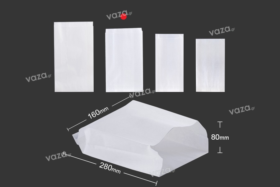 Sacchetti di carta in colore bianco di dimensioni 160x80x280 senza finestra - adatti per cibi grassi - 100 pz