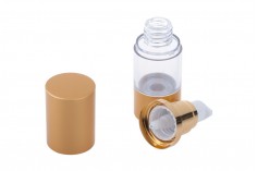Airless Spender für Creme 15 ml aus Kunststoff, transparent mit Alu- Deckel und Boden in golden matt