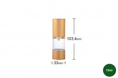 15ml airless cream bottle with transparent plastic body and gold matte cap and bottom