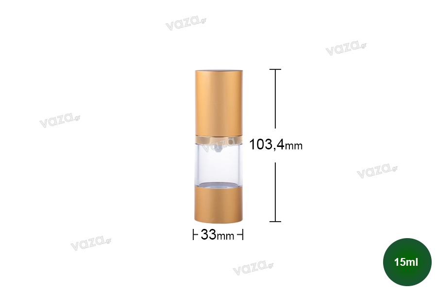 Airless Spender für Creme 15 ml aus Kunststoff, transparent mit Alu- Deckel und Boden in golden matt