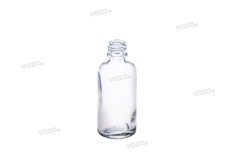 Γυάλινο μπουκαλάκι για αιθέρια έλαια 50 ml διάφανο με στόμιο PP18 Γυάλινο μπουκαλάκι για αιθέρια έλαια 50 ml διάφανο με στόμιο PP18