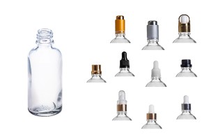 Flacone in vetro trasparente da 50 ml per oli essenziali, con beccuccio in PP18.-7