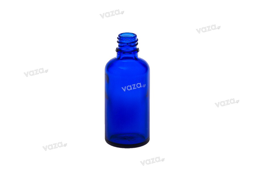 Γυάλινο μπουκαλάκι για αιθέρια έλαια 50 ml μπλέ με στόμιο PP18 Γυάλινο μπουκαλάκι για αιθέρια έλαια 50 ml μπλέ με στόμιο PP18