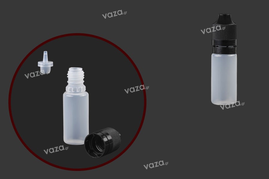 Sticluță de plastic lăptoasă 10 ml, cu capac de plastic negru CRC și dropper de plastic pentru țigară electronică - 50 buc