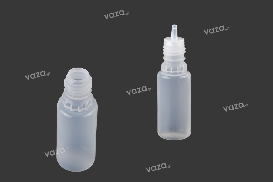 Bottiglietta di plastica da 10 ml con tappo CRC e contagocce per sigarette elettroniche - 50 pezzi.