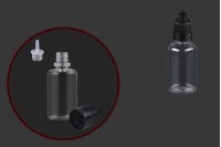 Transparent plastic bottle 30 ml with black plastic cap CRC and plastic dropper for electronic cigarette - 50 pieces/pack