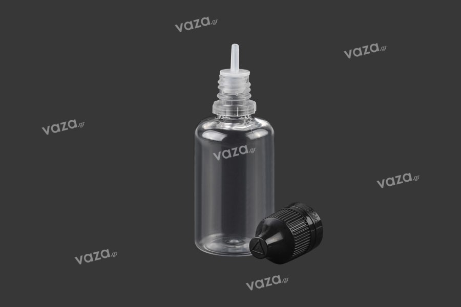 Μπουκαλάκι πλαστικό 30 ml με καπάκι CRC και πλαστικό dropper για ηλεκτρονικό τσιγάρο - 50 τμχ