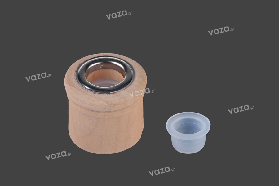 Καπάκι για μπουκάλι αρωματικού χώρου ξύλινο PP28 καφέ με ασημί εσωτερικό δαχτυλίδι αλουμινίου, υποδοχή για sticks και τάπα