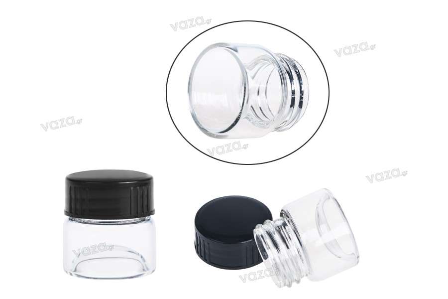 5ml transparent or amber glass jar with plastic black cap for cosmetic creams and propolis products - 12 pieces