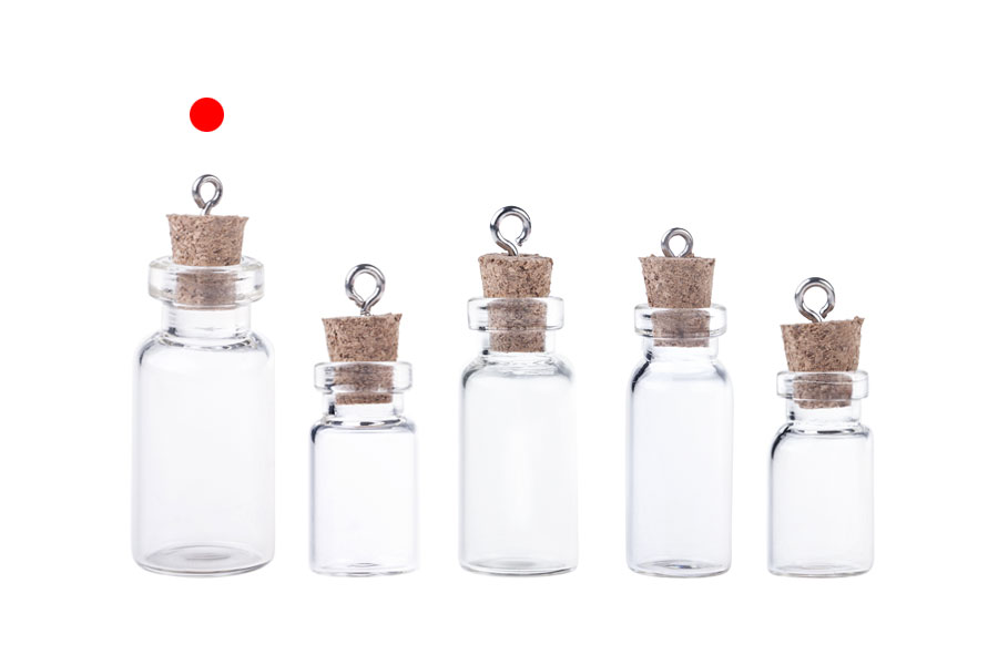 Mini favor glass bottle with cork stopper and eye screw in size 16x42mm