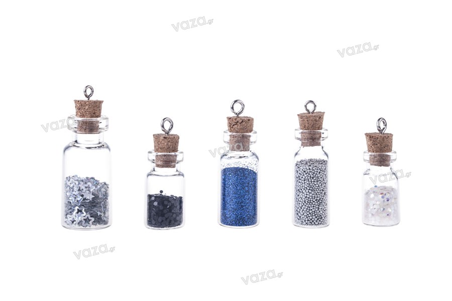 Mini favor glass bottle with cork stopper and eye screw in size 12x33mm