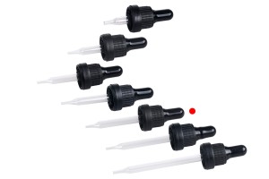 Pipettenmontur 30 ml mit schwarzem breitem Sicherheitsverschluss und schwarzem oder transparentem Gummi- Einzelverpackung-bildabmessungen