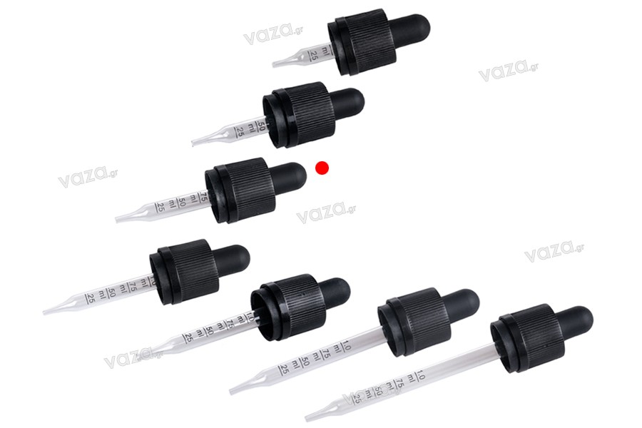 15ml graduated eye dropper with fine tip, child-resistant cap, suitable for e-cigarette refill bottles - rubber head in matte or shiny black color, packed per piece
