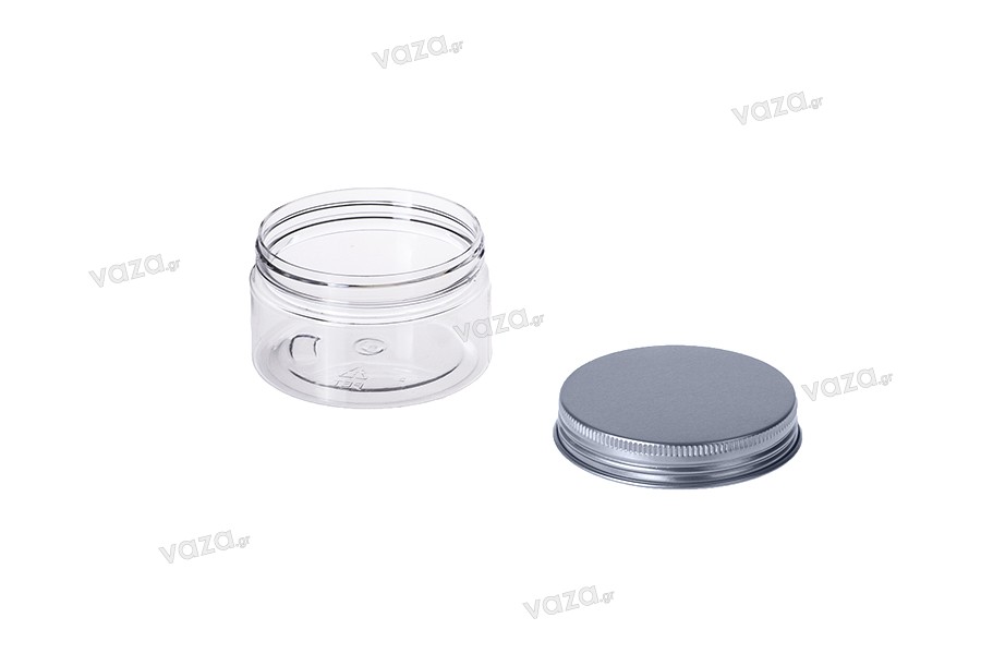 Petit pot transparent PET de 200ml avec couvercle en aluminium argenté avec joint d'étanchéité