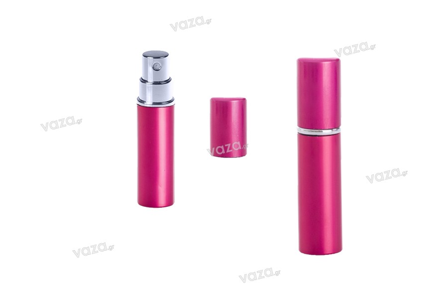 Shishe parfumi me sprej 5 ml qelqi në mbajtëse alumini në ngjyra të ndryshme