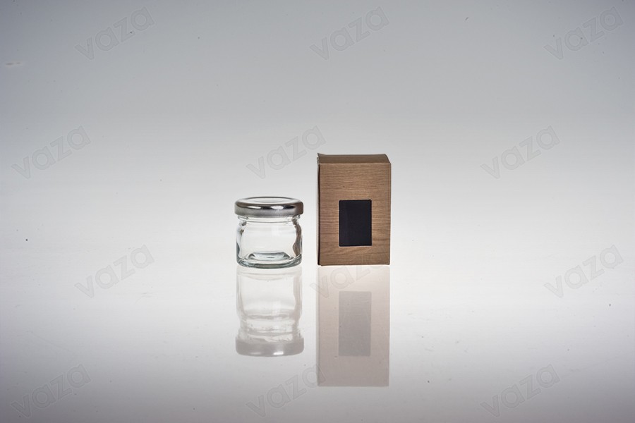 Kleine Schachtel mit Sichtfenster und Holzmuster, geeignet für ein Glas je 30 oder je 40ml,  45x45x65, 50 Stk-εικόνα_σύνθεση