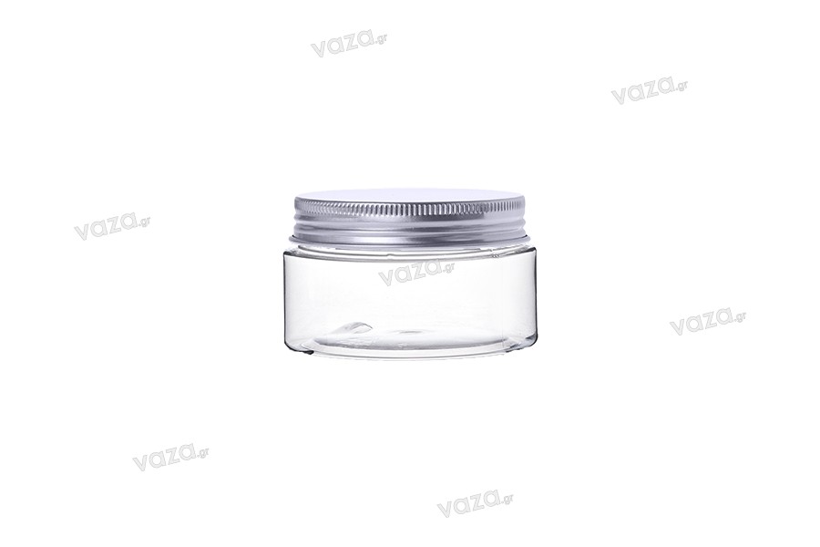 Transparent 100ml PET jar with aluminum cap and sealing disc