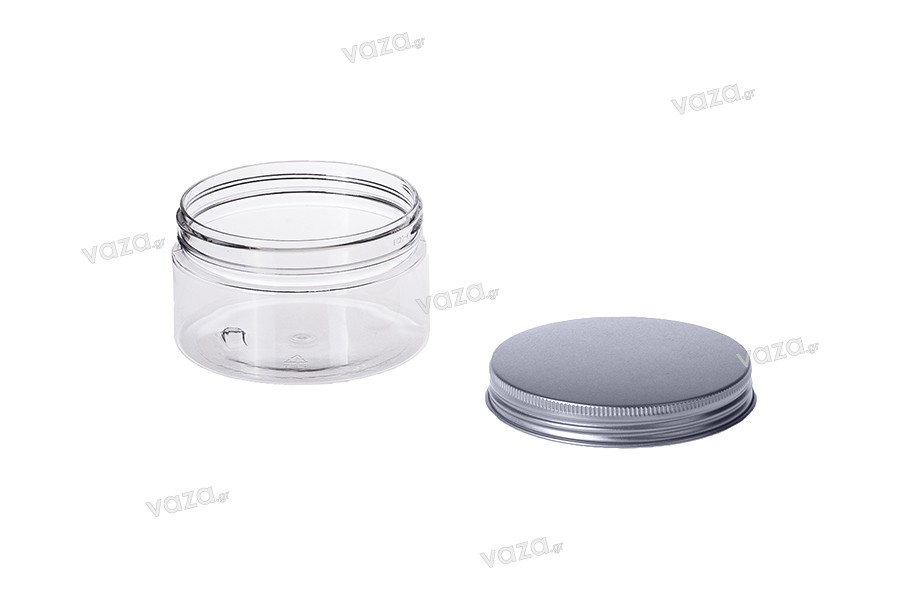 Petit pot transparent PET de 100ml avec couvercle en aluminium argenté avec joint d'étanchéité