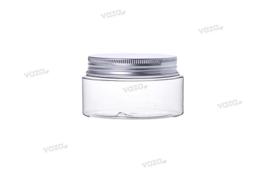 Vasetto in plastica (PET) trasparente da 200 ml con tappo in alluminio argentato con sigillo