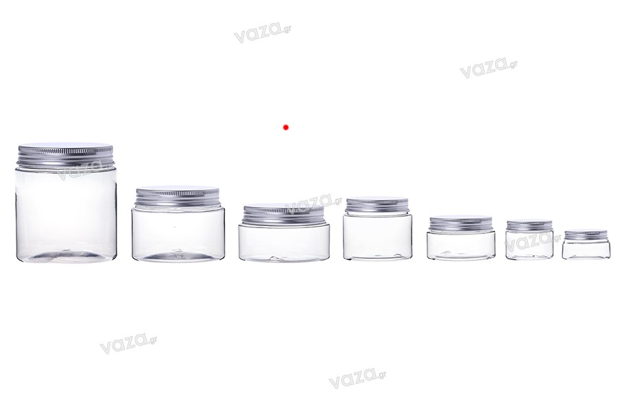 Petit pot transparent PET de 200ml avec couvercle en aluminium argenté avec joint d'étanchéité