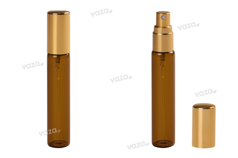 Bottiglietta di vetro da 12 ml, colore ambra, con spray in alluminio color oro lucido - 6 pezzi