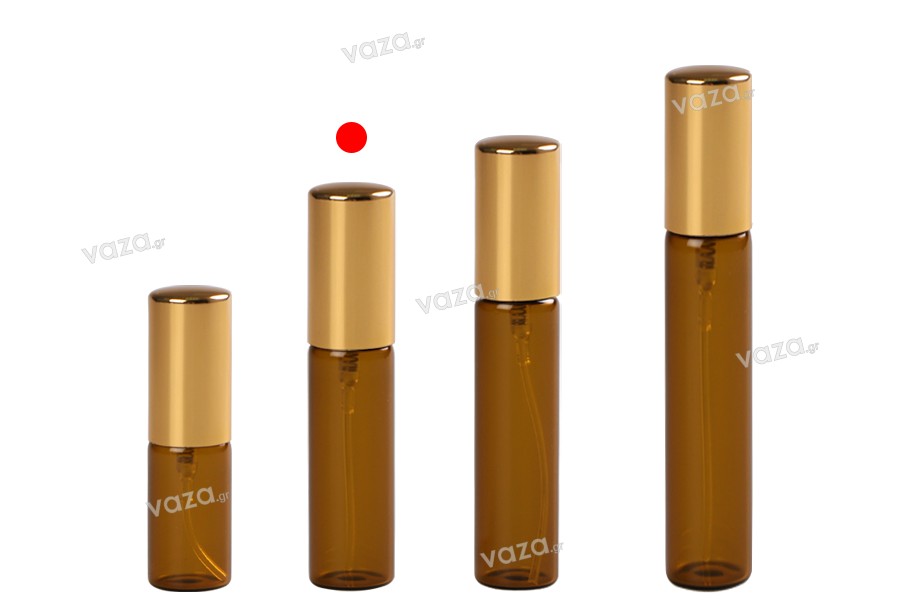 8ml amber glass perfume atomizer with shiny gold aluminum spray pump - available in a package with 6 pcs
