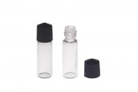 Γυάλινο μπουκαλάκι μινιατούρα 1 ml, 10x35 διάφανο με μαύρο, πλαστικό βιδωτό καπάκι