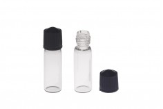 Transparent 1ml mini glass vial in size 10x35 with black plastic screw cap